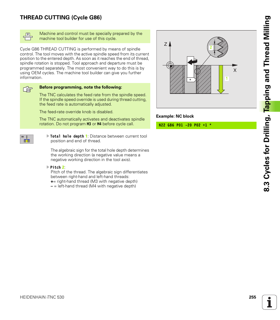 Thread cutting (cycle g86) | HEIDENHAIN iTNC 530 (340 422) ISO programming User Manual | Page 255 / 559