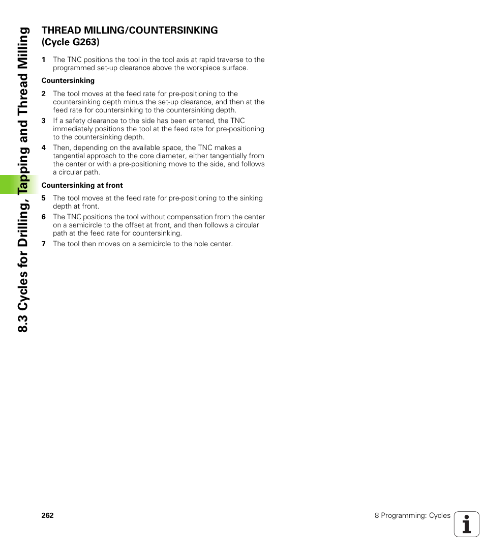 Thread milling/countersinking (cycle g263) | HEIDENHAIN iTNC 530 (340 422) ISO programming User Manual | Page 262 / 559