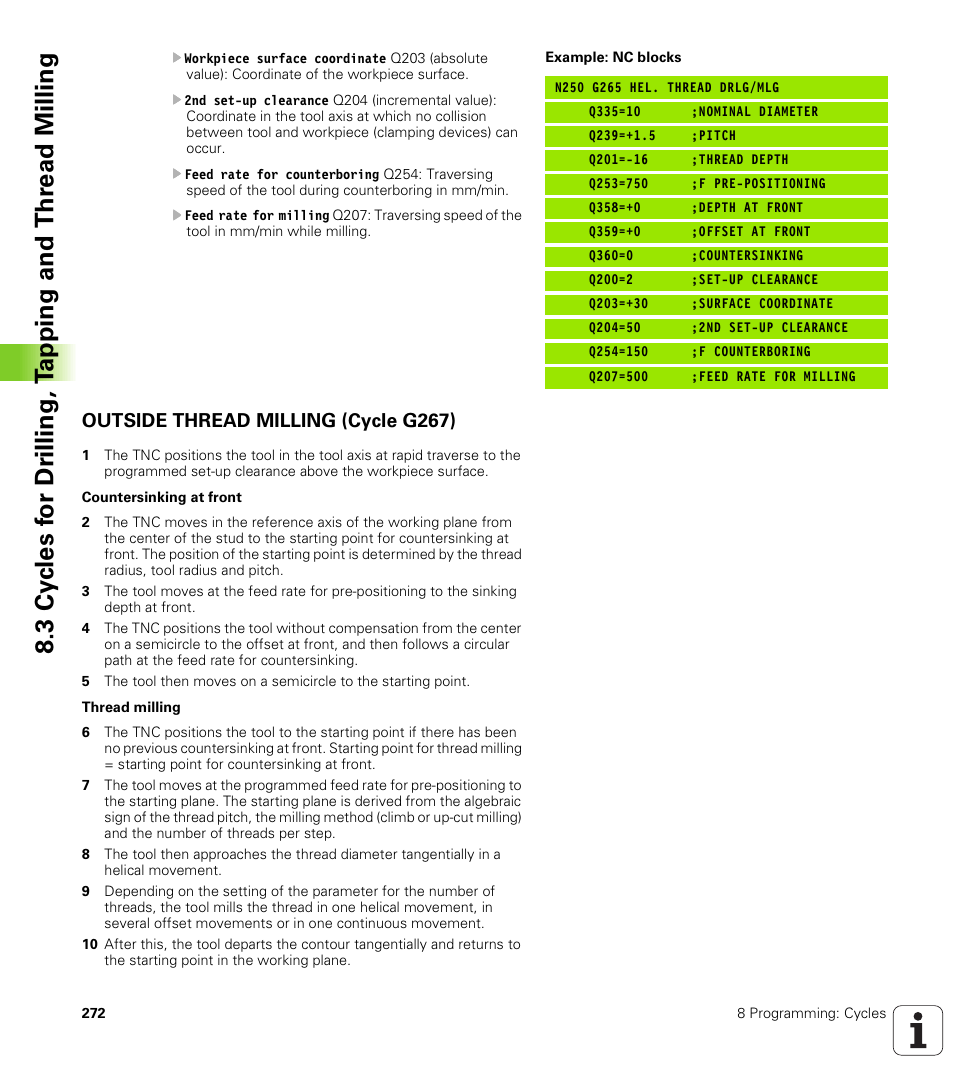Outside thread milling (cycle g267) | HEIDENHAIN iTNC 530 (340 422) ISO programming User Manual | Page 272 / 559