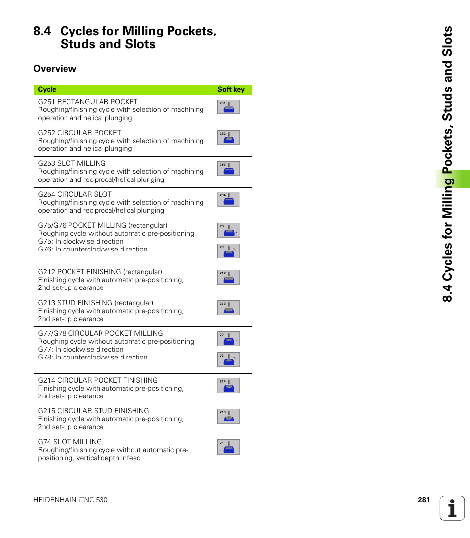 4 cycles for milling pockets, studs and slots, Overview, Cycles for milling pockets, studs and slots | HEIDENHAIN iTNC 530 (340 422) ISO programming User Manual | Page 281 / 559