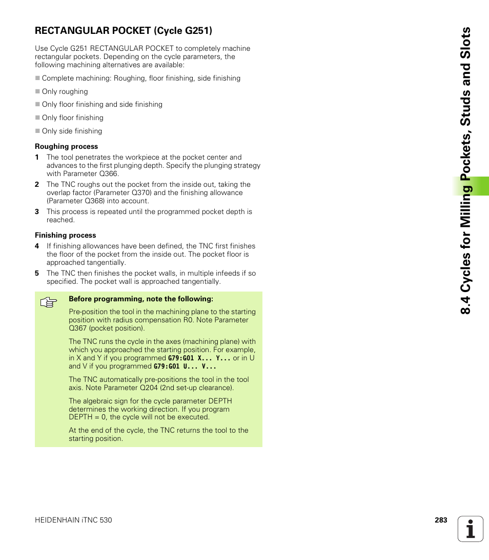 Rectangular pocket (cycle g251) | HEIDENHAIN iTNC 530 (340 422) ISO programming User Manual | Page 283 / 559