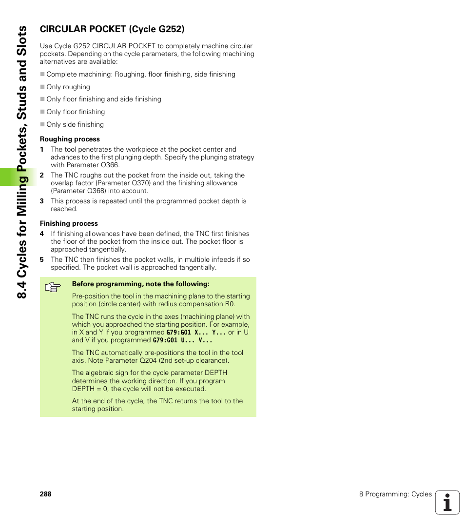 Circular pocket (cycle g252) | HEIDENHAIN iTNC 530 (340 422) ISO programming User Manual | Page 288 / 559