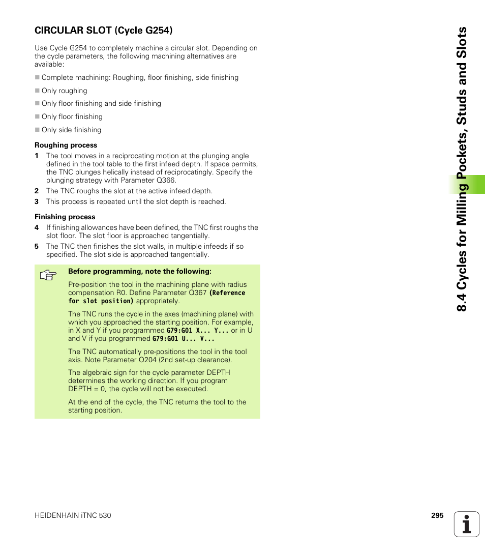 Circular slot (cycle g254) | HEIDENHAIN iTNC 530 (340 422) ISO programming User Manual | Page 295 / 559