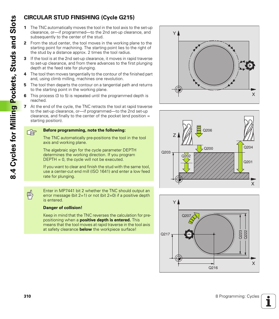 Circular stud finishing (cycle g215) | HEIDENHAIN iTNC 530 (340 422) ISO programming User Manual | Page 310 / 559