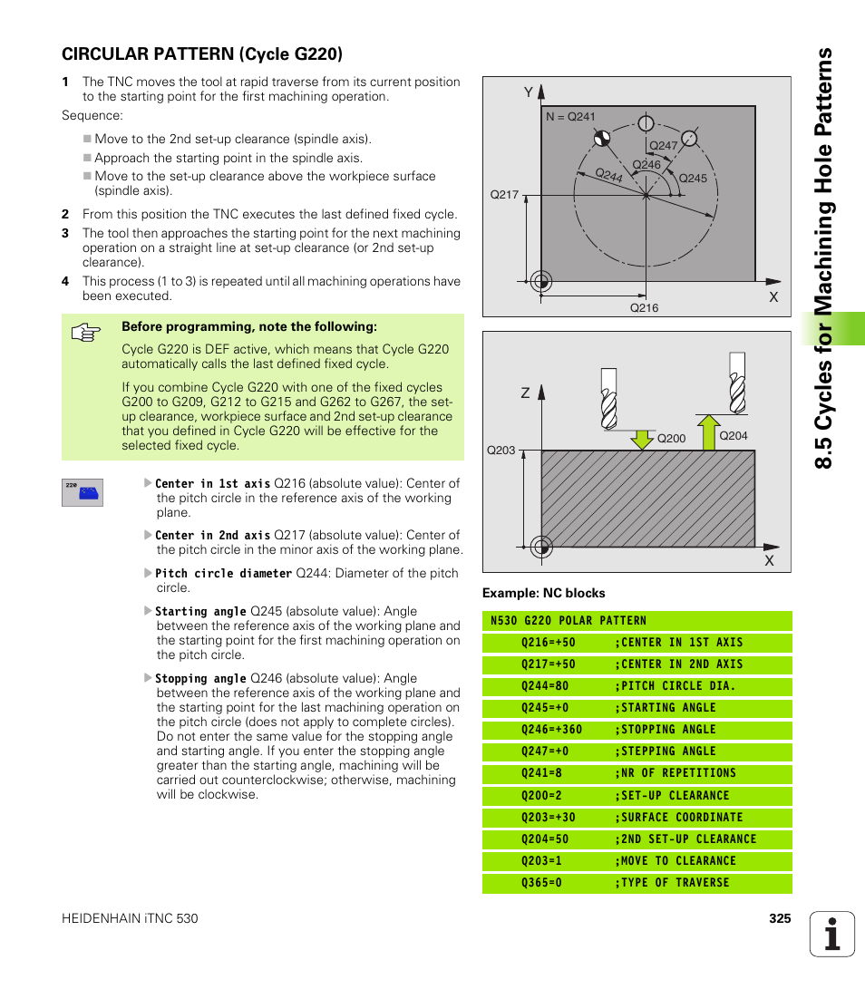 Circular pattern (cycle g220), G220 circular pattern | HEIDENHAIN iTNC 530 (340 422) ISO programming User Manual | Page 325 / 559