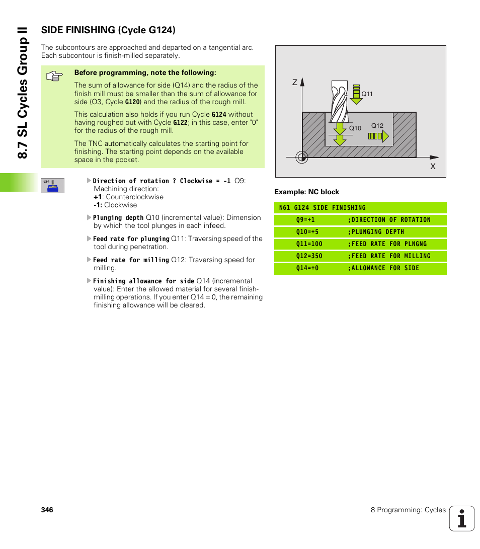 Side finishing (cycle g124), G124 side finishing (optional), 7 sl cy cles g roup ii | HEIDENHAIN iTNC 530 (340 422) ISO programming User Manual | Page 346 / 559
