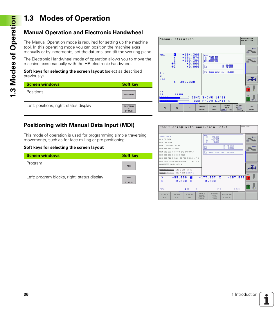 3 modes of operation, Manual operation and electronic handwheel, Positioning with manual data input (mdi) | 3 mo des o f oper atio n 1.3 modes of operation | HEIDENHAIN iTNC 530 (340 422) ISO programming User Manual | Page 36 / 559