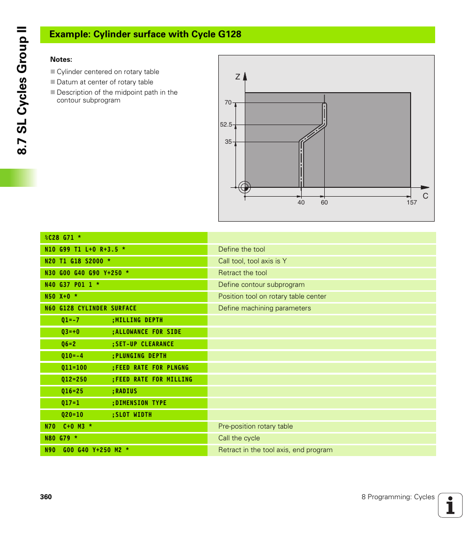 7 sl cy cles g roup ii, Example: cylinder surface with cycle g128 | HEIDENHAIN iTNC 530 (340 422) ISO programming User Manual | Page 360 / 559