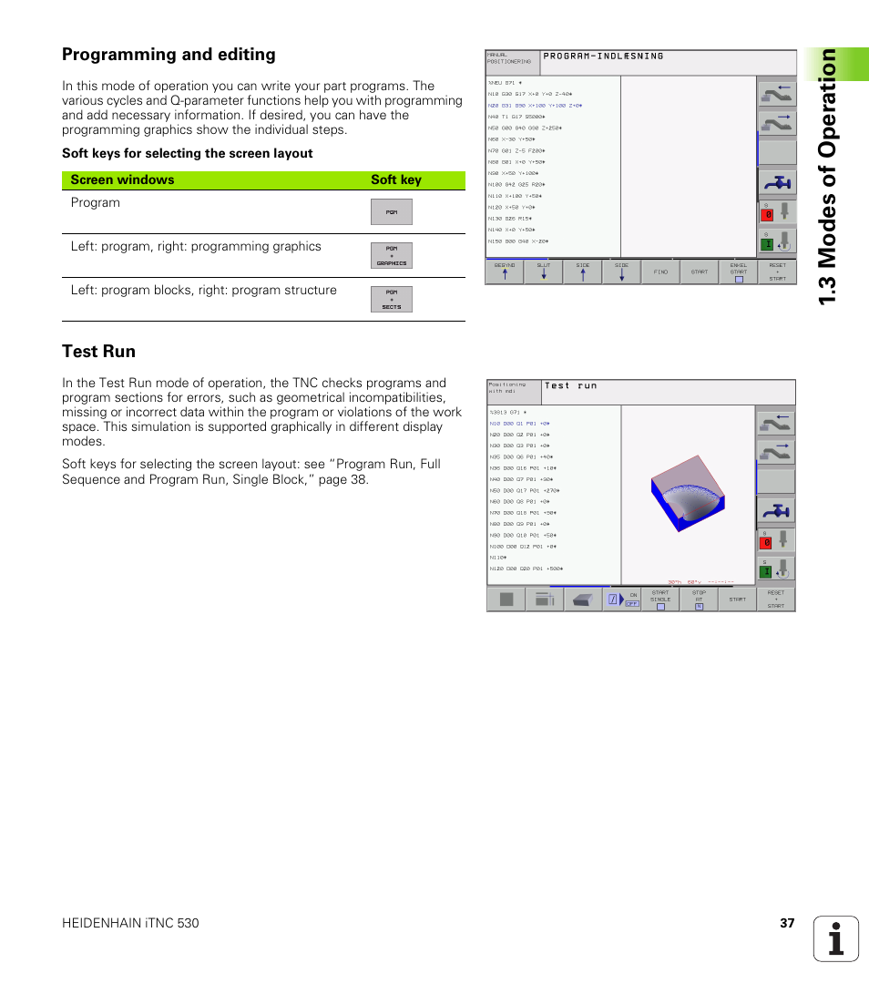 Programming and editing, Test run, 3 mo des o f oper atio n | HEIDENHAIN iTNC 530 (340 422) ISO programming User Manual | Page 37 / 559