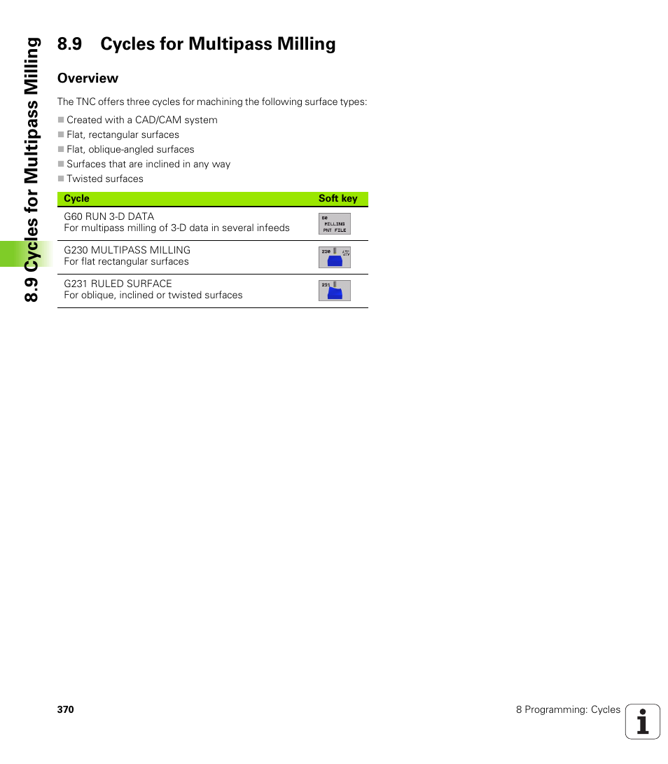 9 cycles for multipass milling, Overview | HEIDENHAIN iTNC 530 (340 422) ISO programming User Manual | Page 370 / 559