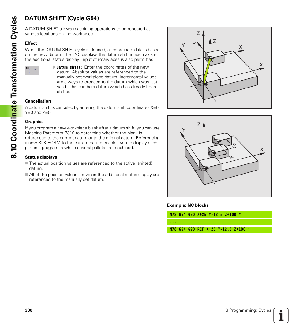 Datum shift (cycle g54), 1 0 coo rdi nat e t rans for m a ti on cy cle s | HEIDENHAIN iTNC 530 (340 422) ISO programming User Manual | Page 380 / 559