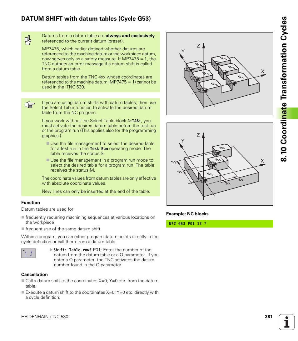 Datum shift with datum tables (cycle g53), 1 0 coo rdi nat e t rans for m a ti on cy cle s | HEIDENHAIN iTNC 530 (340 422) ISO programming User Manual | Page 381 / 559