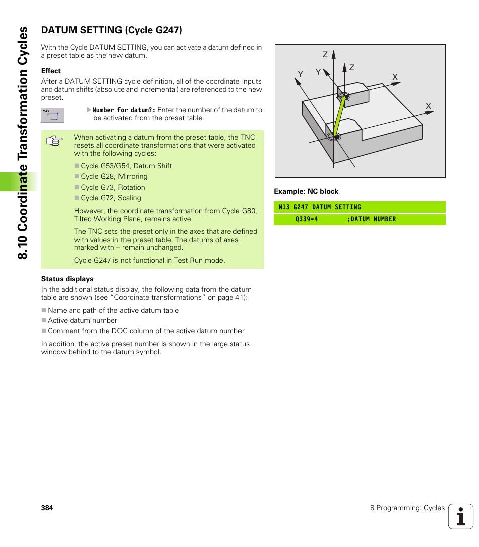 Datum setting (cycle g247), 1 0 coo rdi nat e t rans for m a ti on cy cle s | HEIDENHAIN iTNC 530 (340 422) ISO programming User Manual | Page 384 / 559