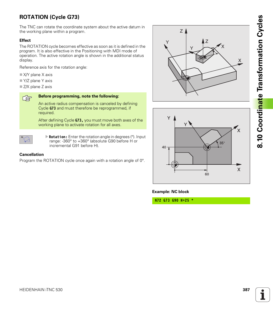 Rotation (cycle g73), 1 0 coo rdi nat e t rans for m a ti on cy cle s | HEIDENHAIN iTNC 530 (340 422) ISO programming User Manual | Page 387 / 559