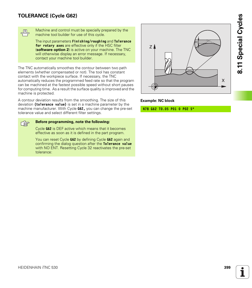 Tolerance (cycle g62) | HEIDENHAIN iTNC 530 (340 422) ISO programming User Manual | Page 399 / 559