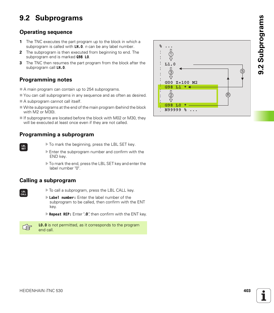 2 subprograms, Operating sequence, Programming notes | Programming a subprogram, Calling a subprogram, 2 sub p rogr ams 9.2 subprograms | HEIDENHAIN iTNC 530 (340 422) ISO programming User Manual | Page 403 / 559