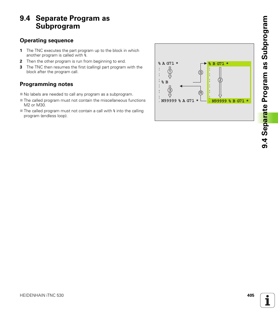 4 separate program as subprogram, Operating sequence, Programming notes | HEIDENHAIN iTNC 530 (340 422) ISO programming User Manual | Page 405 / 559