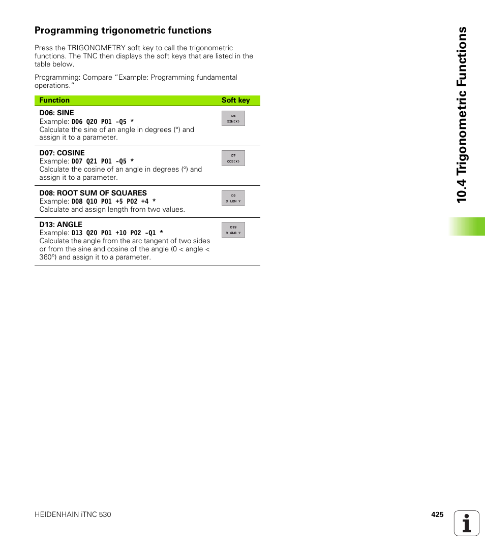 Programming trigonometric functions, 10 .4 t rig ono metr ic f u nction s | HEIDENHAIN iTNC 530 (340 422) ISO programming User Manual | Page 425 / 559