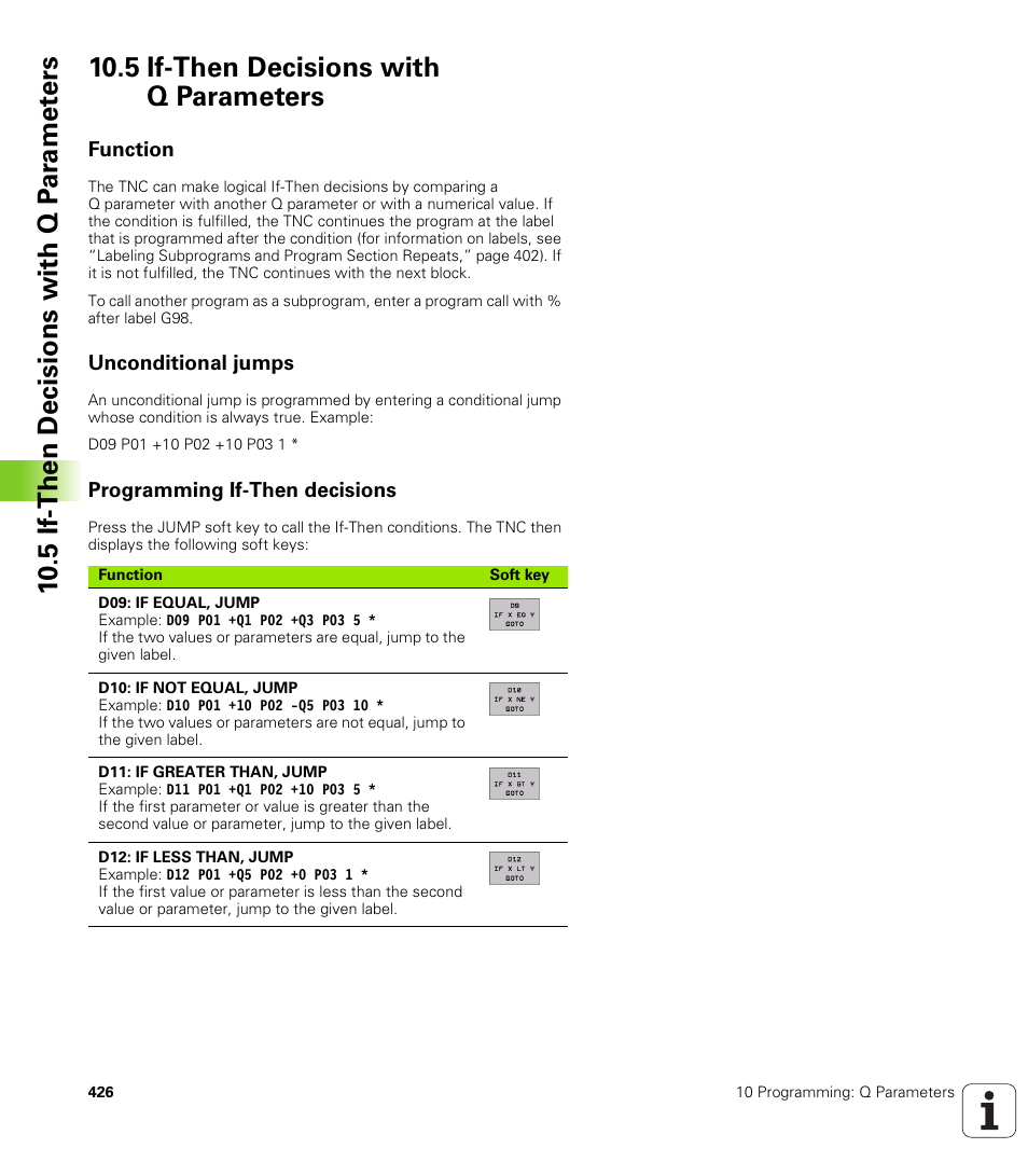 5 if-then decisions with q parameters, Function, Unconditional jumps | Programming if-then decisions, If/then conditions, jumps | HEIDENHAIN iTNC 530 (340 422) ISO programming User Manual | Page 426 / 559