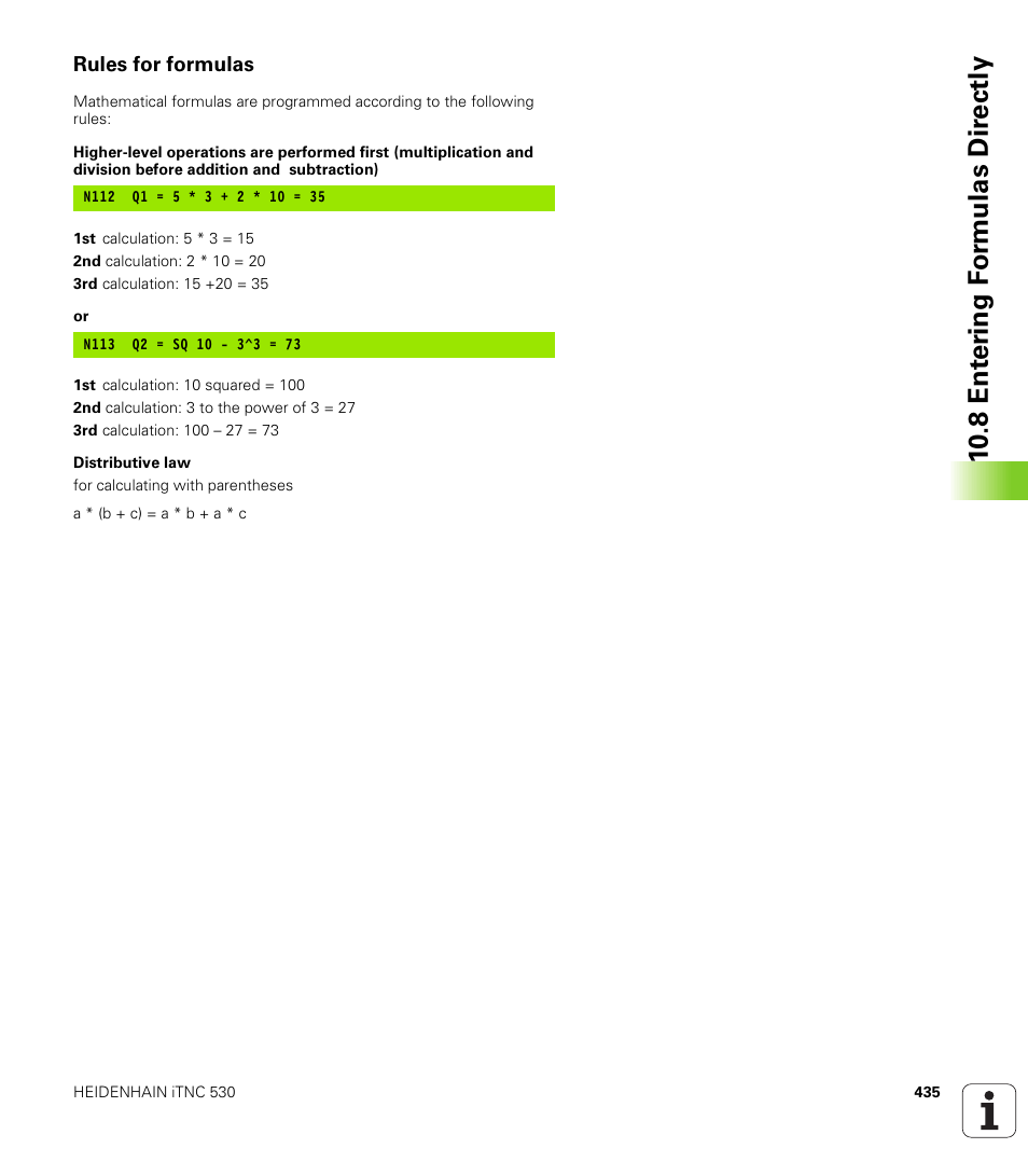 Rules for formulas, 10 .8 e n te ri ng f o rm u las d ir e ctly | HEIDENHAIN iTNC 530 (340 422) ISO programming User Manual | Page 435 / 559
