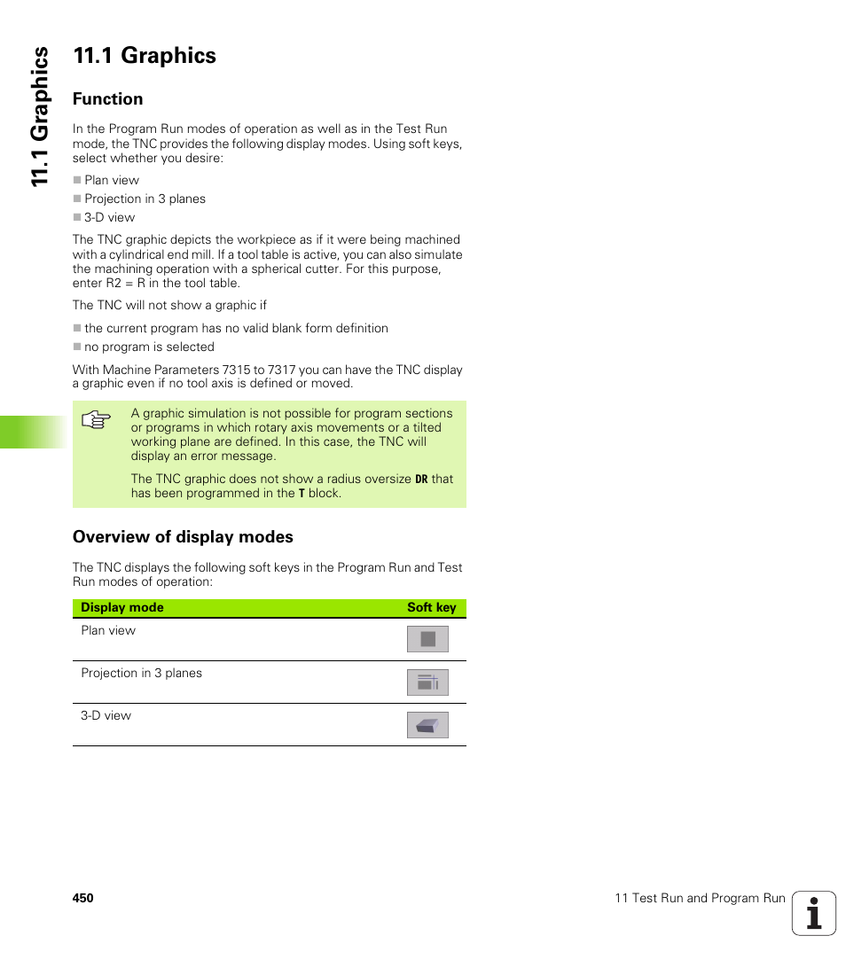 1 graphics, Function, Overview of display modes | 1 gr aph ics 11.1 graphics | HEIDENHAIN iTNC 530 (340 422) ISO programming User Manual | Page 450 / 559