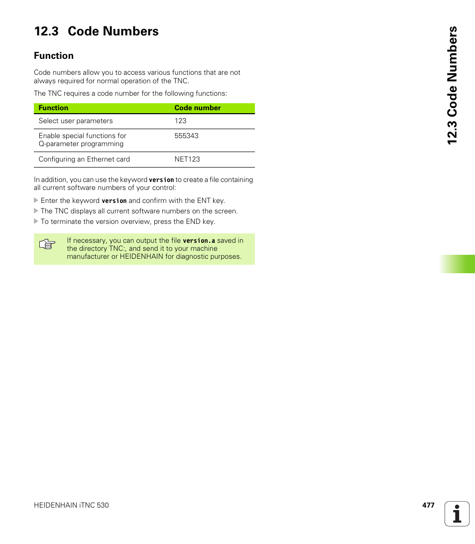 3 code numbers, Function, Enter code number | 3 co de numb ers 12.3 code numbers | HEIDENHAIN iTNC 530 (340 422) ISO programming User Manual | Page 477 / 559