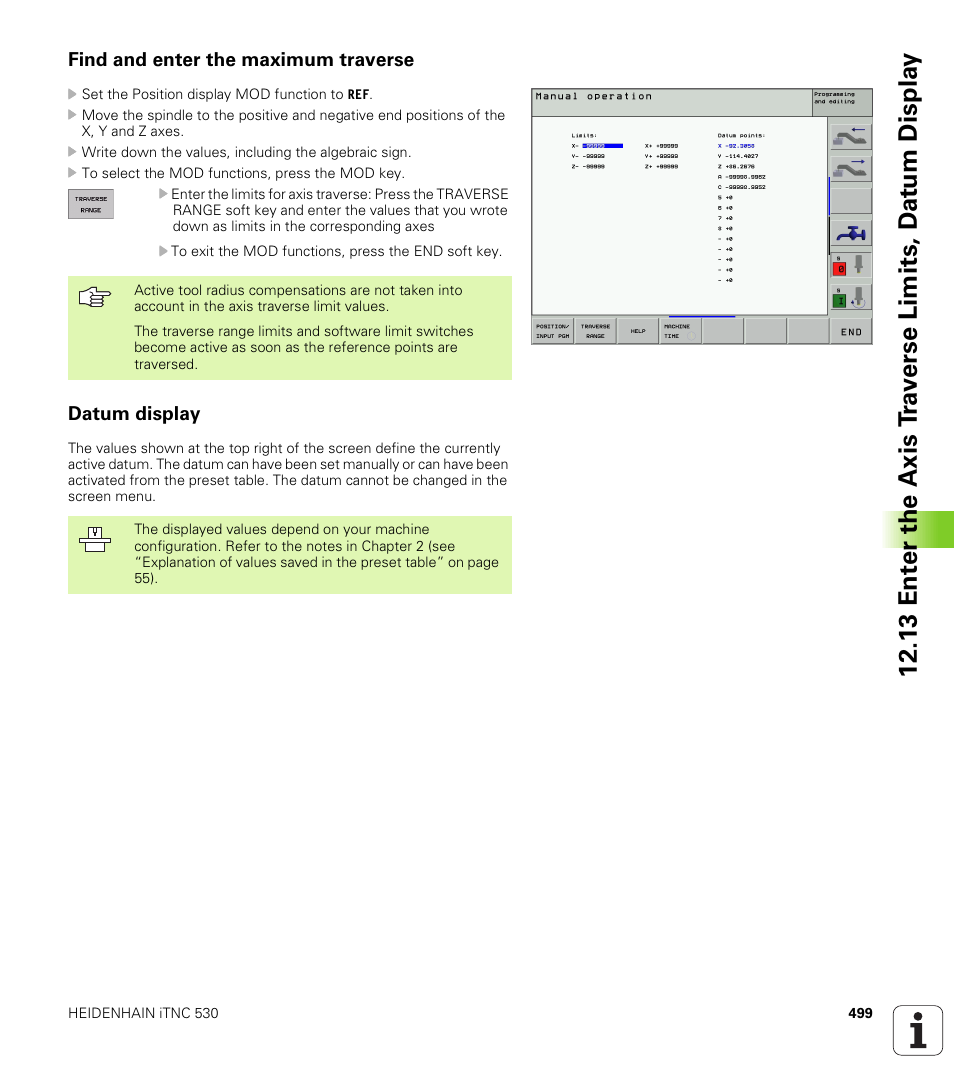 Find and enter the maximum traverse, Datum display, Display the datums | HEIDENHAIN iTNC 530 (340 422) ISO programming User Manual | Page 499 / 559