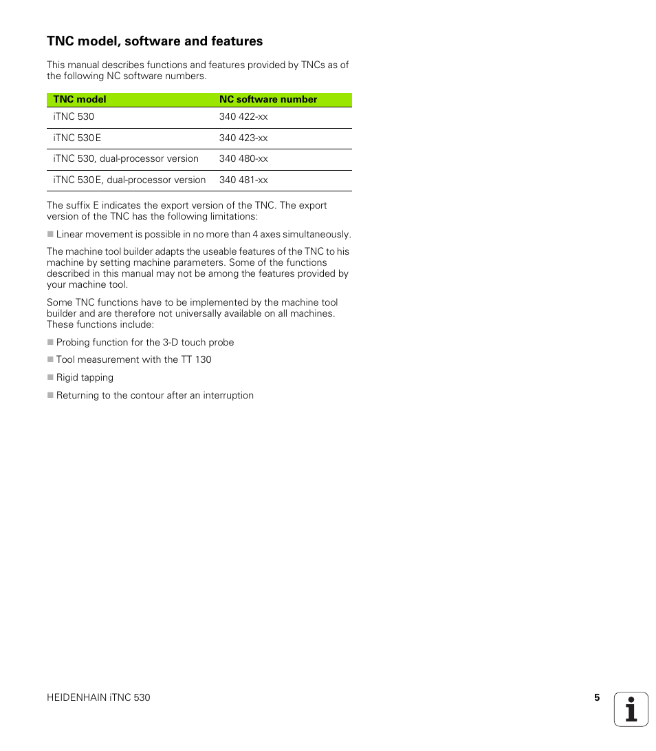 Tnc model, software and features | HEIDENHAIN iTNC 530 (340 422) ISO programming User Manual | Page 5 / 559