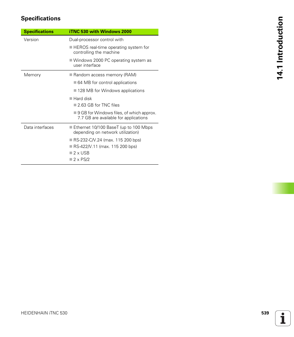 Specifications, 14 .1 intr odu ctio n | HEIDENHAIN iTNC 530 (340 422) ISO programming User Manual | Page 539 / 559