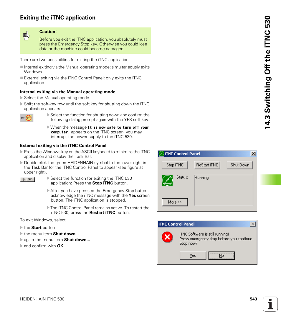 Exiting the itnc application, 3 s w itc h in g of f th e itnc 530 | HEIDENHAIN iTNC 530 (340 422) ISO programming User Manual | Page 543 / 559