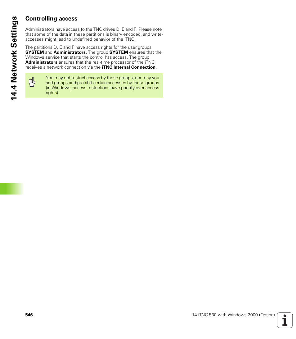 Controlling access, 14 .4 ne tw o rk set ting s | HEIDENHAIN iTNC 530 (340 422) ISO programming User Manual | Page 546 / 559