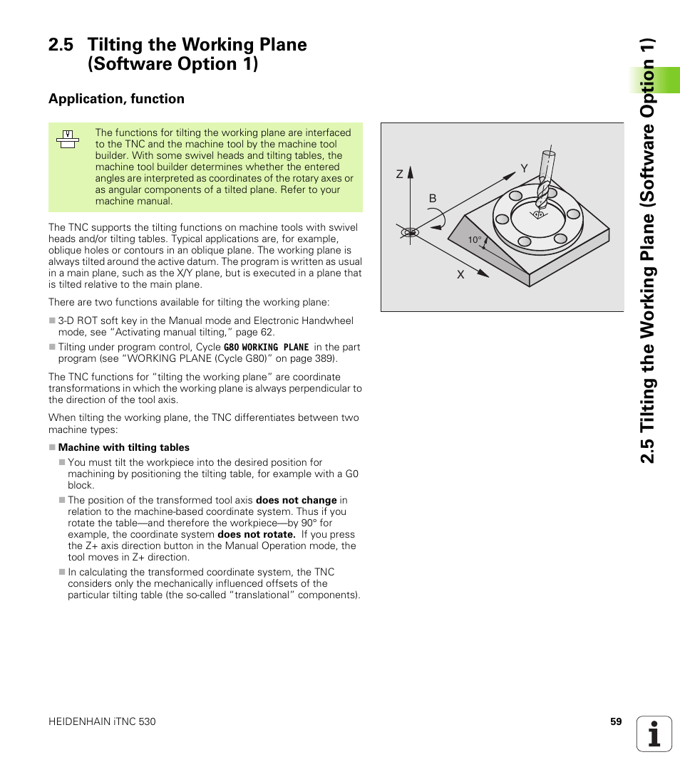 5 tilting the working plane (software option 1), Application, function | HEIDENHAIN iTNC 530 (340 422) ISO programming User Manual | Page 59 / 559