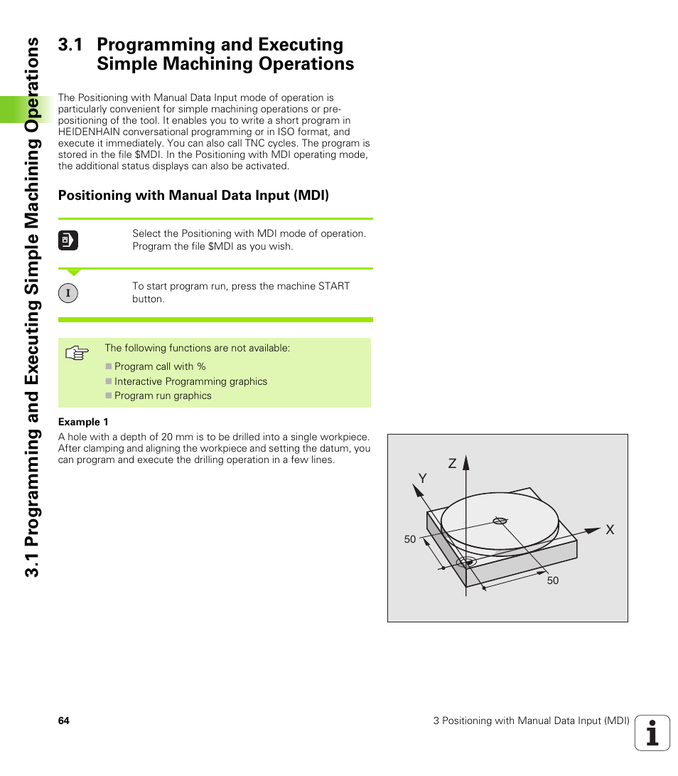 Positioning with manual data input (mdi) | HEIDENHAIN iTNC 530 (340 422) ISO programming User Manual | Page 64 / 559