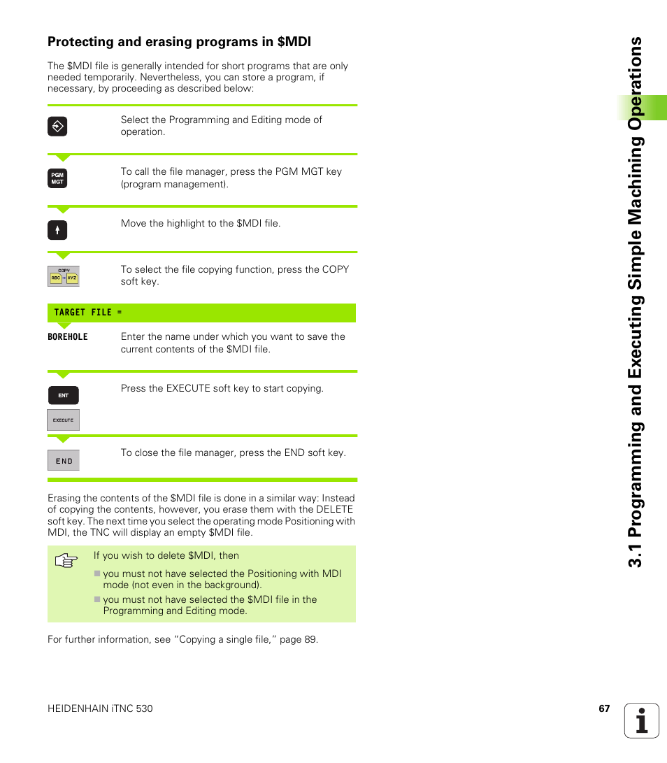 Protecting and erasing programs in $mdi | HEIDENHAIN iTNC 530 (340 422) ISO programming User Manual | Page 67 / 559