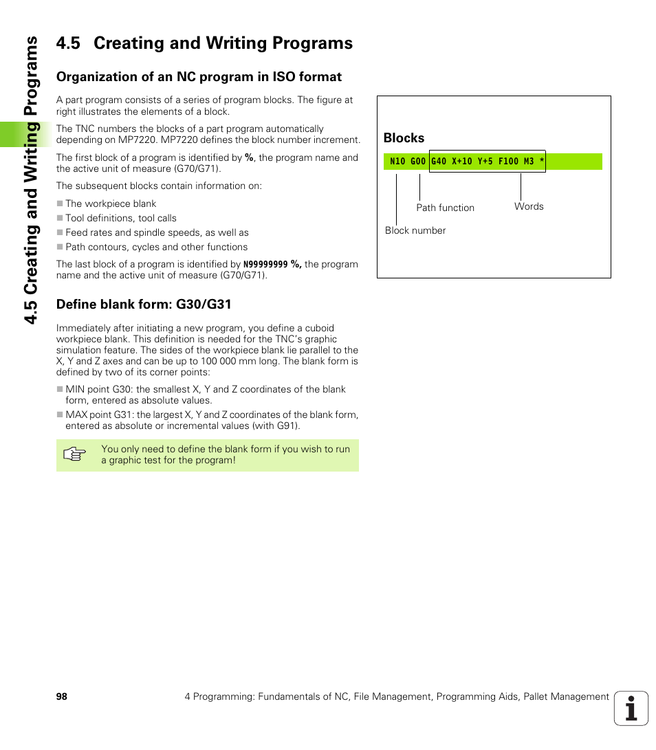 5 creating and writing programs, Organization of an nc program in iso format, Define blank form: g30/g31 | Define blank form | HEIDENHAIN iTNC 530 (340 422) ISO programming User Manual | Page 98 / 559