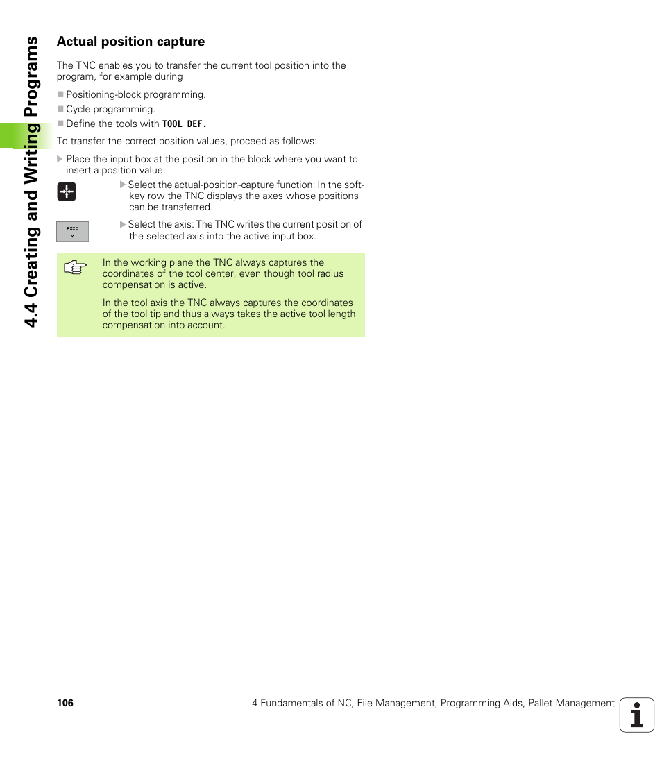 Actual position capture, 4 cr eating and w riting pr ogr a ms | HEIDENHAIN iTNC 530 (340 49x-01) User Manual | Page 106 / 653