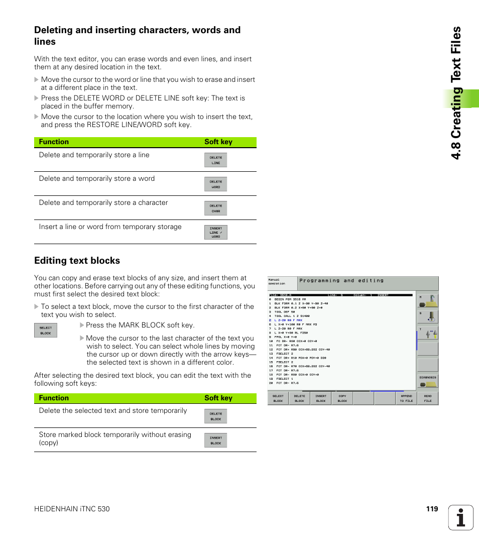 Deleting and inserting characters, words and lines, Editing text blocks, 8 cr eating t ext files | HEIDENHAIN iTNC 530 (340 49x-01) User Manual | Page 119 / 653