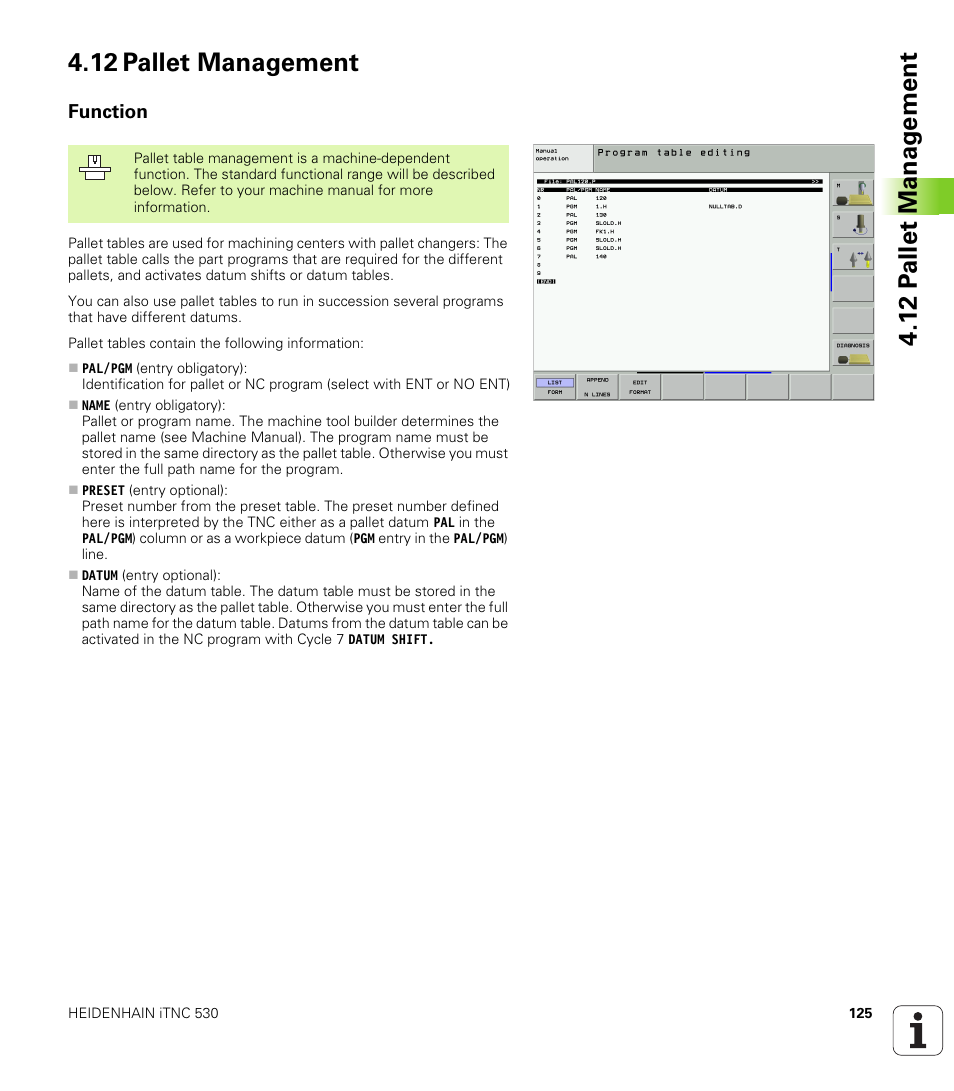 12 pallet management, Function | HEIDENHAIN iTNC 530 (340 49x-01) User Manual | Page 125 / 653