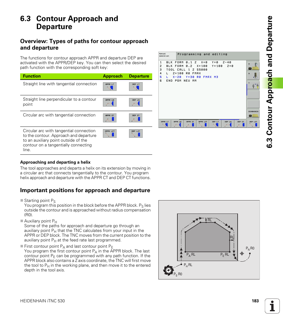 3 contour approach and departure, Important positions for approach and departure | HEIDENHAIN iTNC 530 (340 49x-01) User Manual | Page 183 / 653