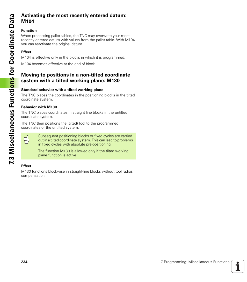 Activating the most recently entered datum: m104 | HEIDENHAIN iTNC 530 (340 49x-01) User Manual | Page 234 / 653