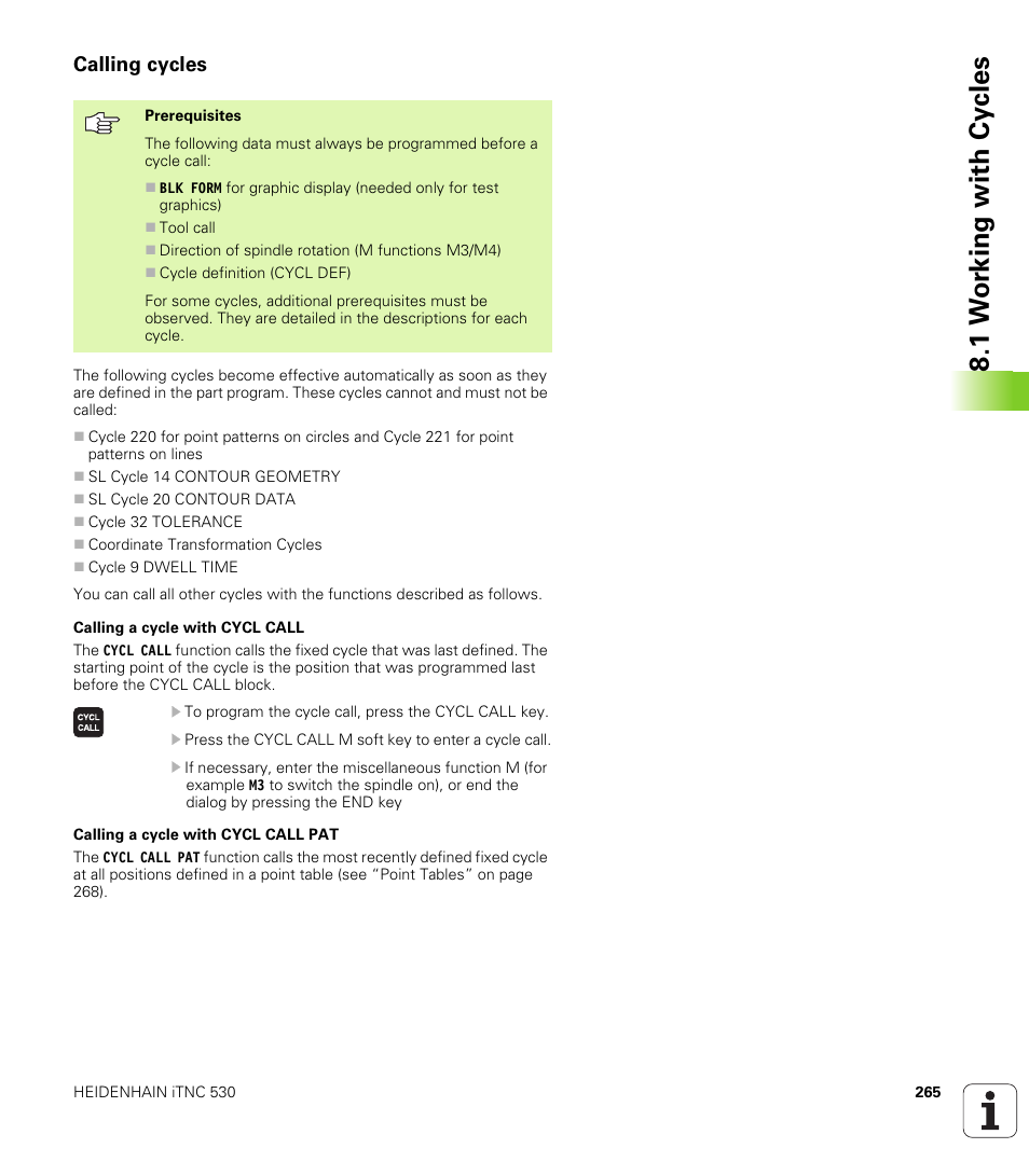 Calling cycles, 1 w o rk ing with cy cles | HEIDENHAIN iTNC 530 (340 49x-01) User Manual | Page 265 / 653