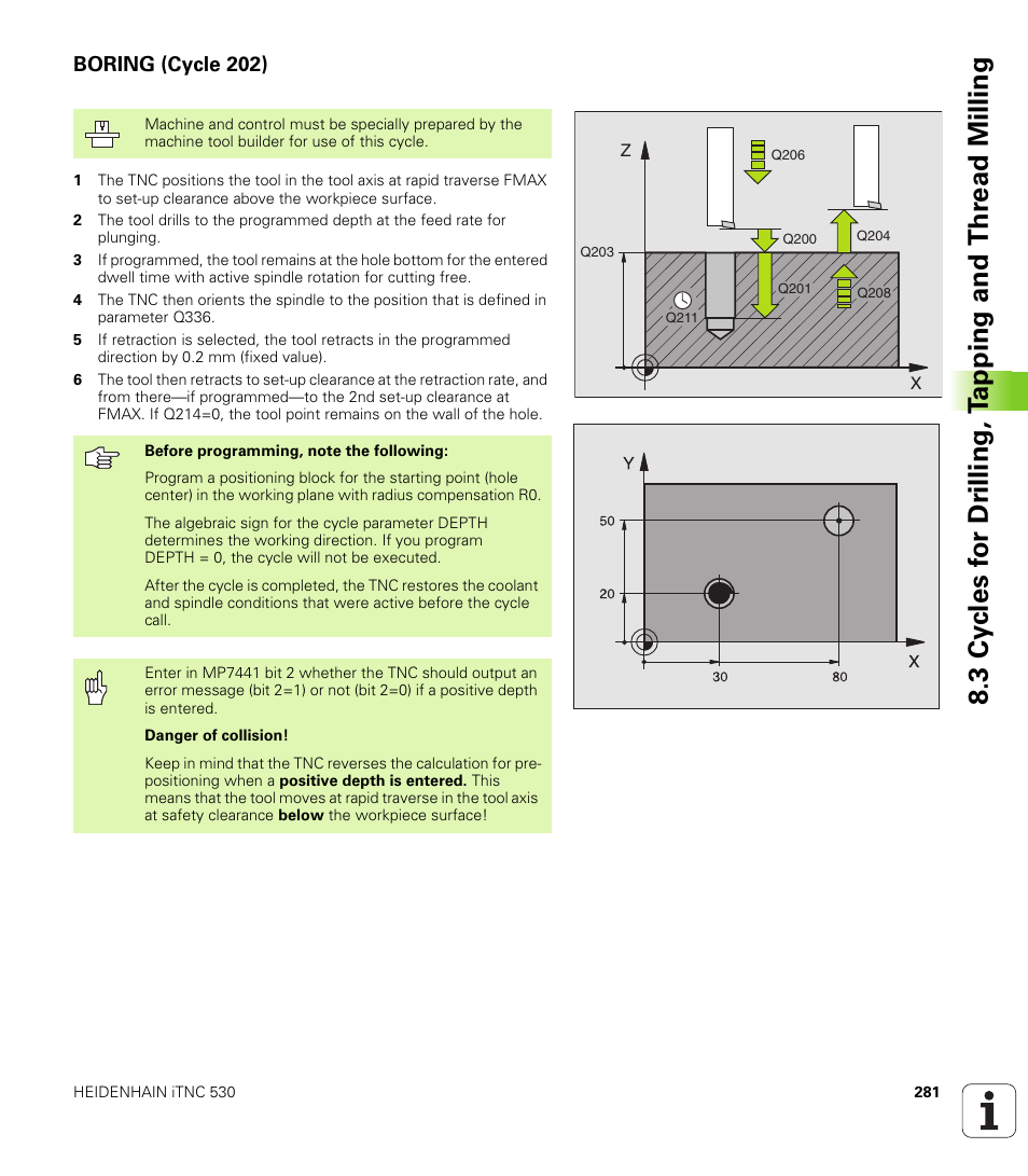 Boring (cycle 202) | HEIDENHAIN iTNC 530 (340 49x-01) User Manual | Page 281 / 653