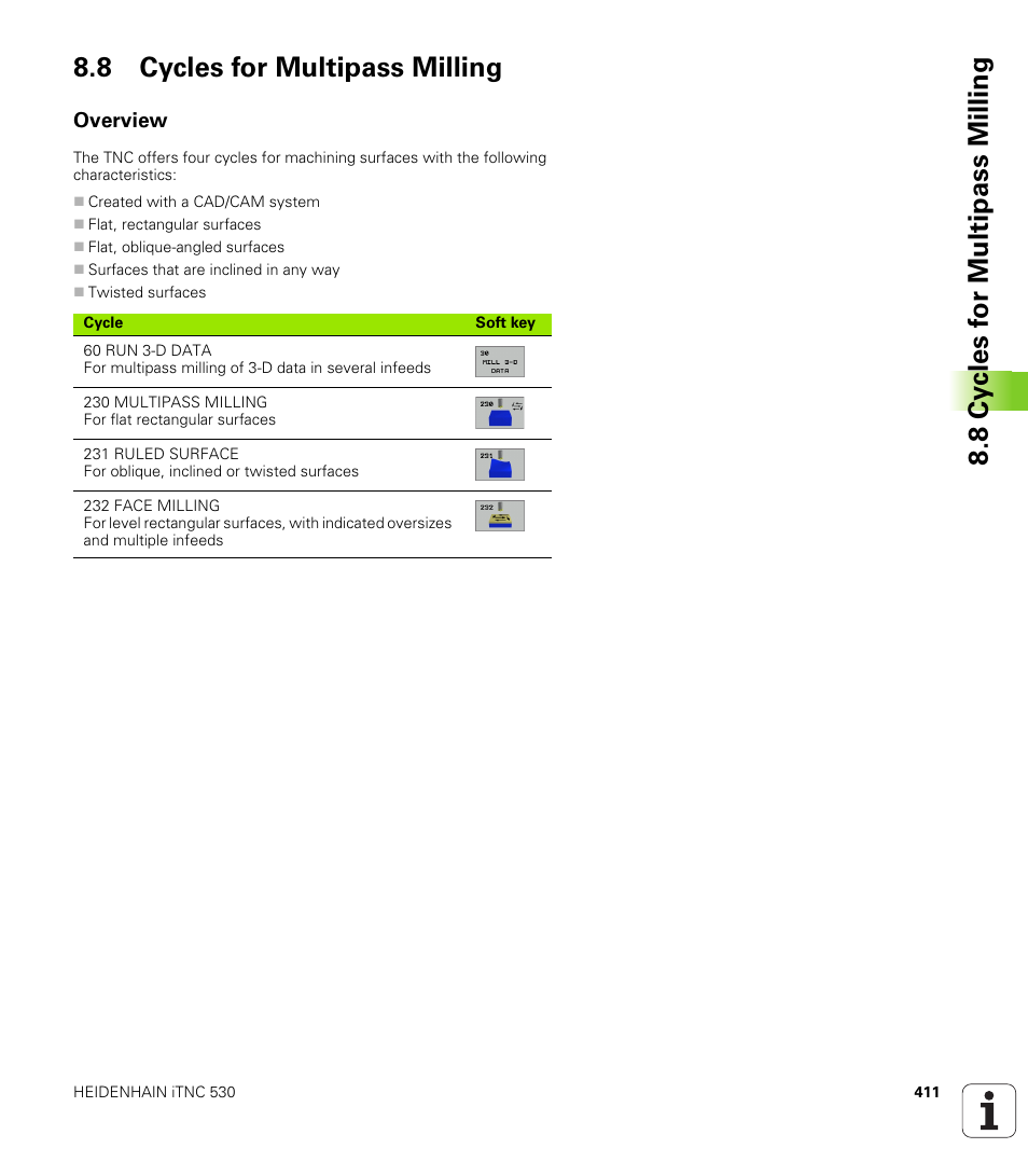 8 cycles for multipass milling, Overview | HEIDENHAIN iTNC 530 (340 49x-01) User Manual | Page 411 / 653