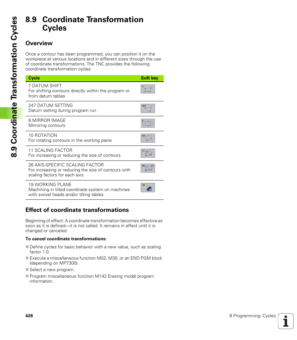 9 coordinate transformation cycles, Overview, Effect of coordinate transformations | HEIDENHAIN iTNC 530 (340 49x-01) User Manual | Page 426 / 653