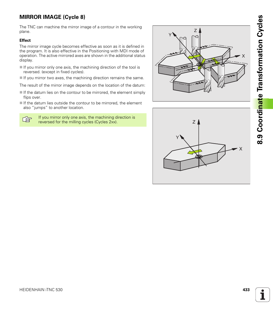 Mirror image (cycle 8), 8 mirror image mirroring contours, 9 coor di na te t ra n s for m a ti on cy cle s | HEIDENHAIN iTNC 530 (340 49x-01) User Manual | Page 433 / 653