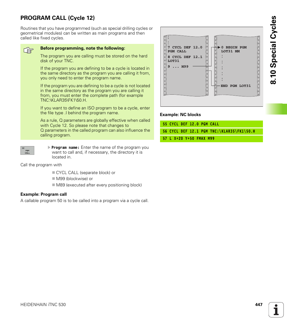 Program call (cycle 12), 1 0 special cy cles | HEIDENHAIN iTNC 530 (340 49x-01) User Manual | Page 447 / 653