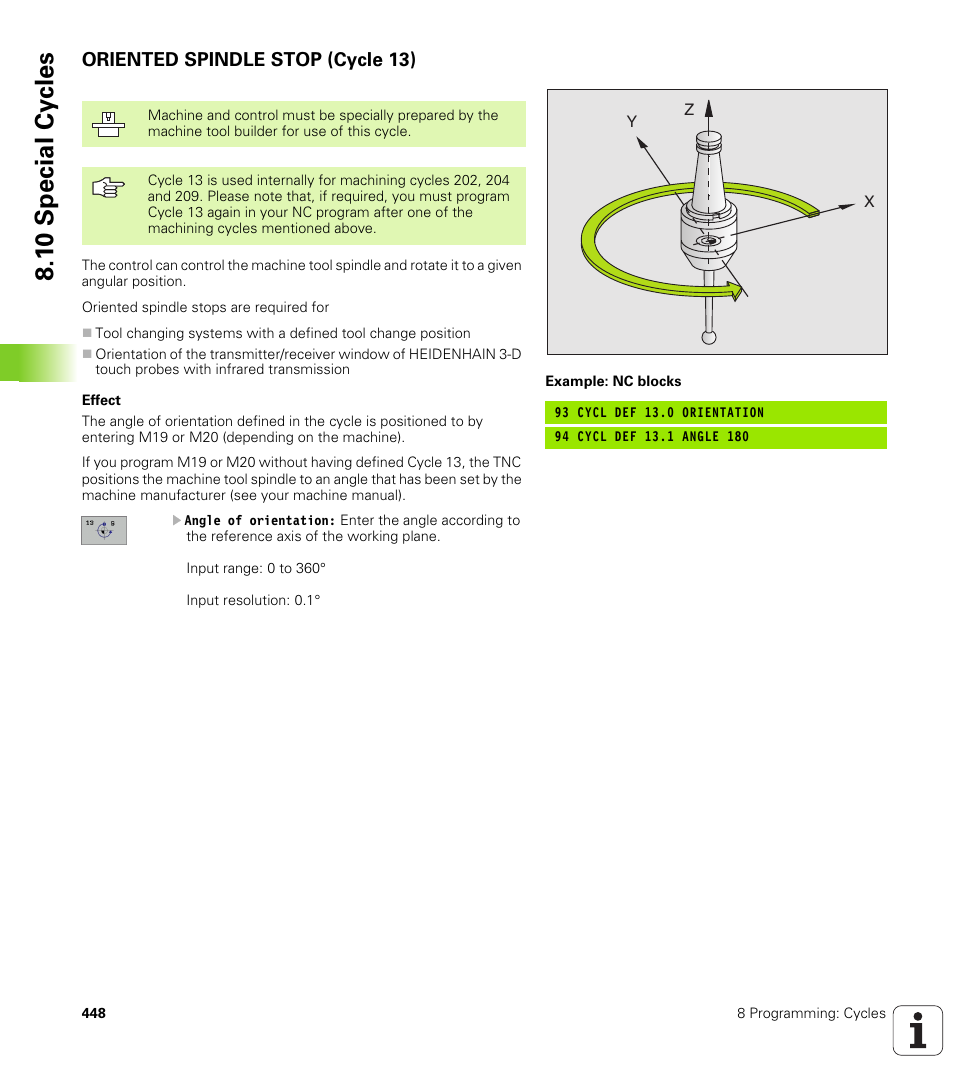 Oriented spindle stop (cycle 13), 1 0 special cy cles | HEIDENHAIN iTNC 530 (340 49x-01) User Manual | Page 448 / 653