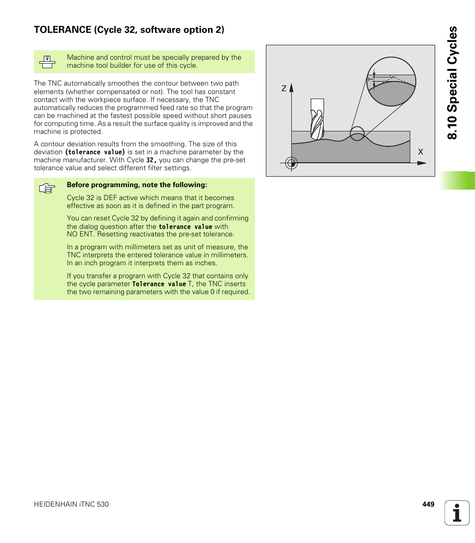 Tolerance (cycle 32, software option 2), 1 0 special cy cles | HEIDENHAIN iTNC 530 (340 49x-01) User Manual | Page 449 / 653
