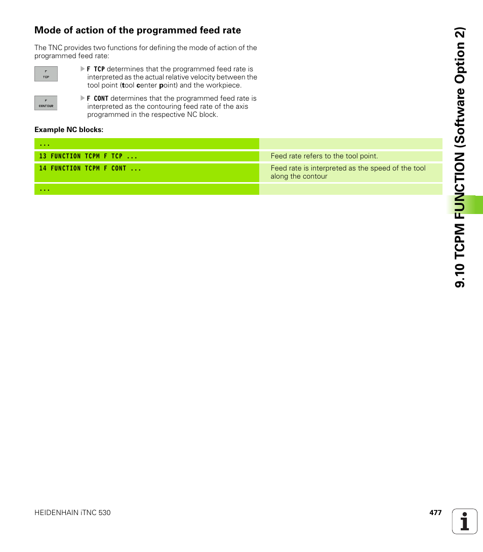 Mode of action of the programmed feed rate, 1 0 tcpm function (sof tw ar e o ption 2 ) | HEIDENHAIN iTNC 530 (340 49x-01) User Manual | Page 477 / 653