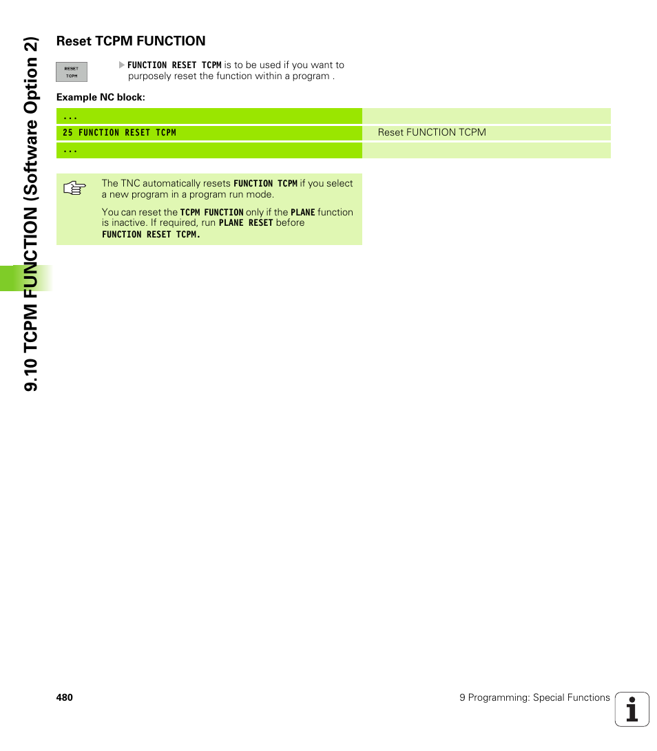 Reset tcpm function, 1 0 tcpm function (sof tw ar e o ption 2 ) | HEIDENHAIN iTNC 530 (340 49x-01) User Manual | Page 480 / 653